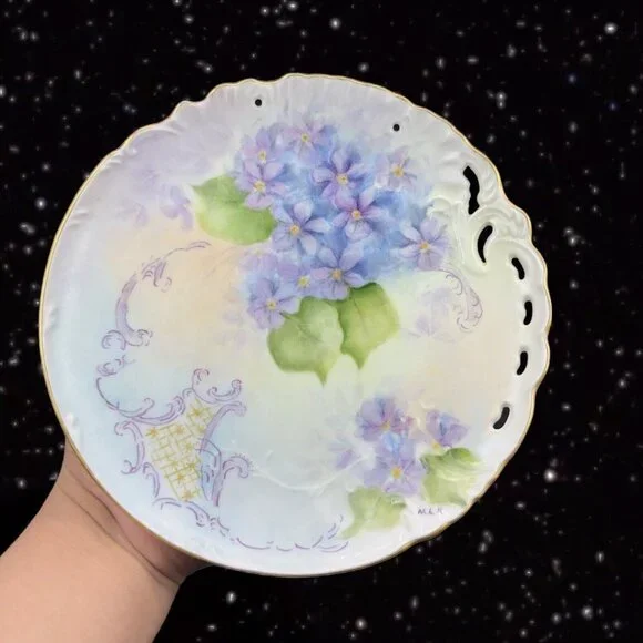 Antique Hand Painted Plate Dish Fine Porcelain Painted Purple Flowers Signed MLN Accents